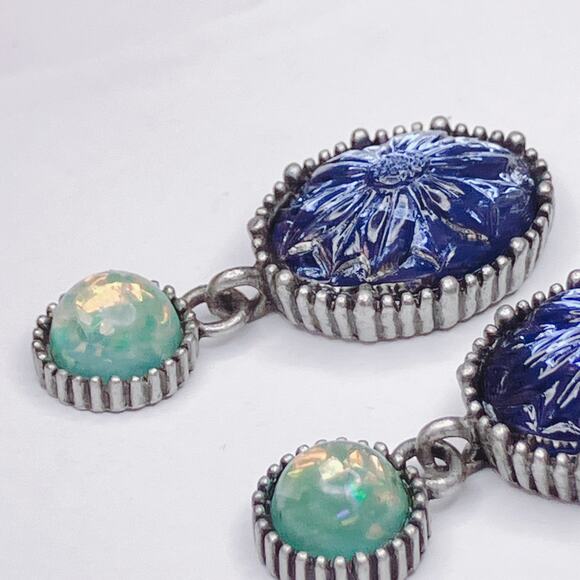 Vintage Signed Avon NR Nina Ricci Blue Lucite Faux Opal Dangle Earrings 1980s - Picture 4 of 11